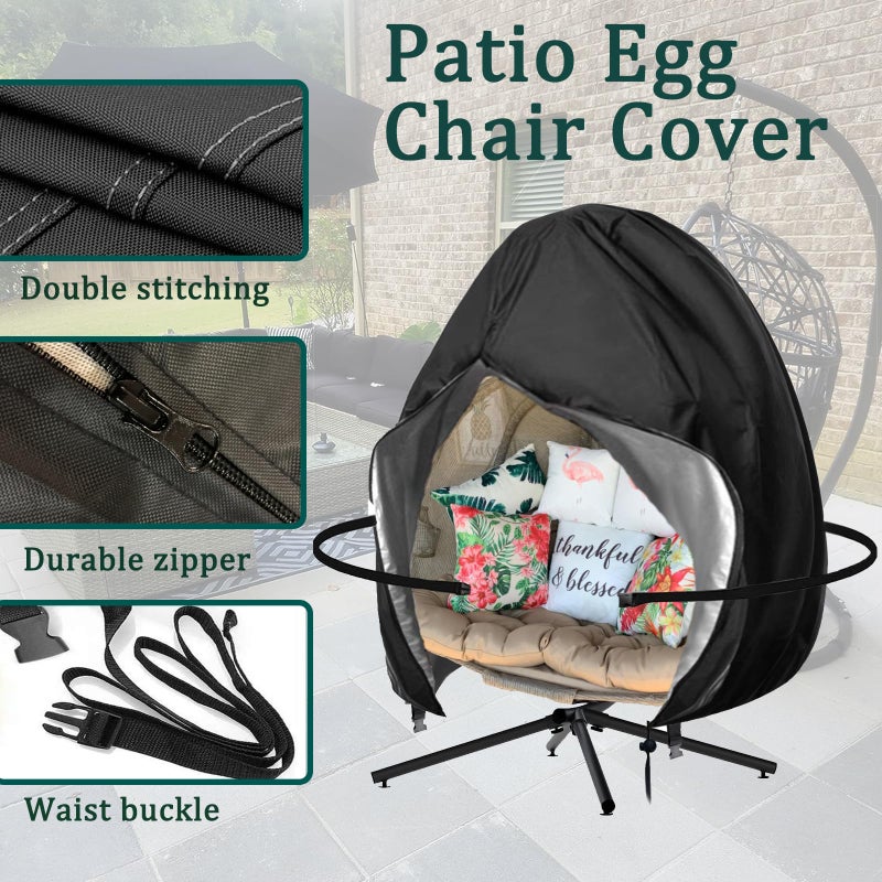 Oslimea Patio Egg Chair Cover Large 91x80 inch Waterproof Patio Hanging Swing Chair Covers Windproof Double Outdoor Swing Egg Chair Cover with Zipper and Bottom Buckle, Black - Image 5